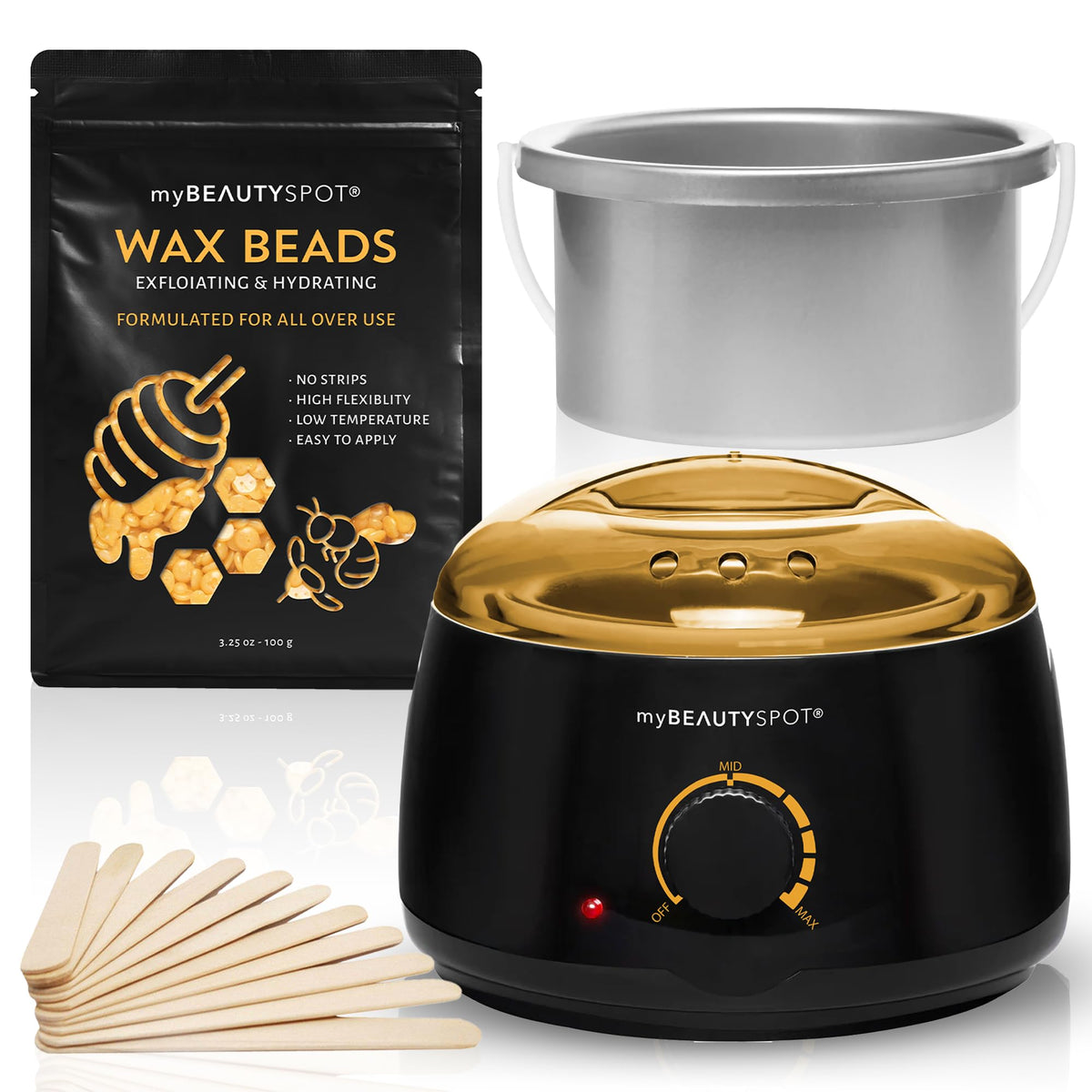 My Beauty Spot wax warmer pot with precise temperature control for safe at-home waxing.