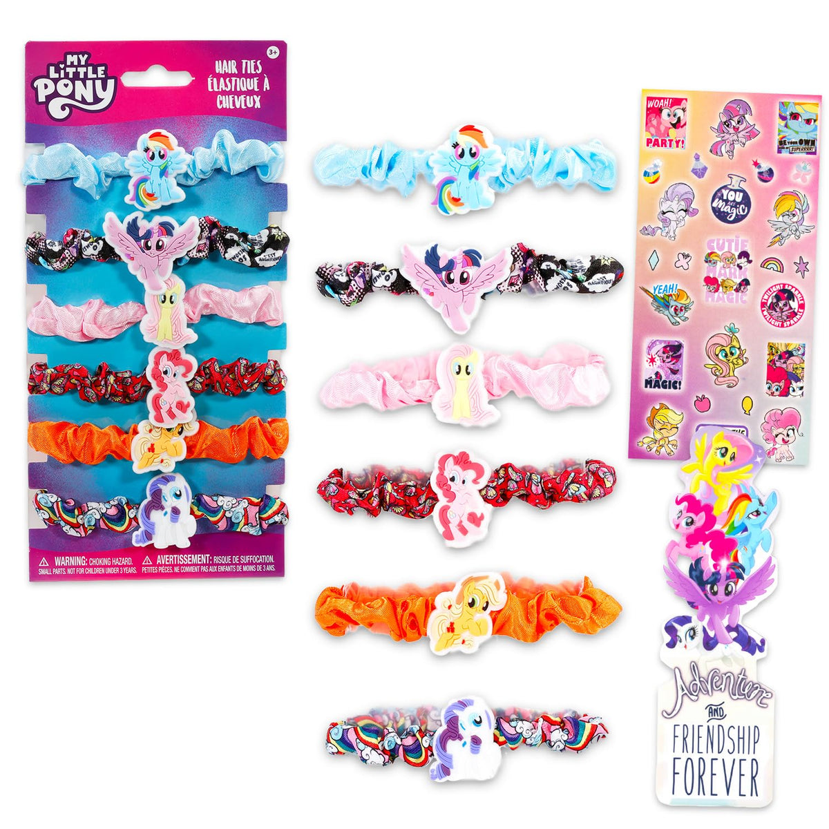 My Little Pony hair scrunchies bundle shows colorful elastics for kids' everyday styling.