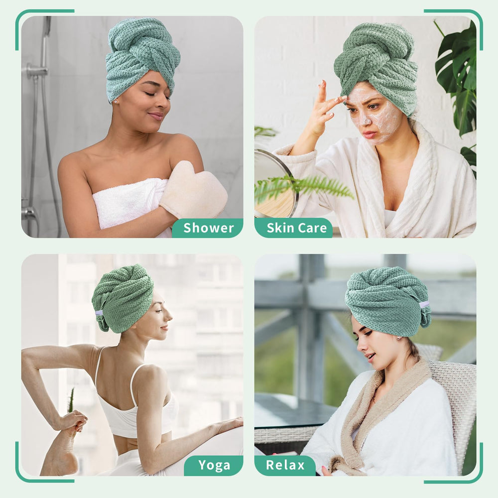 My Novel Things hair towel wrap green two-pack packaging highlighting value.