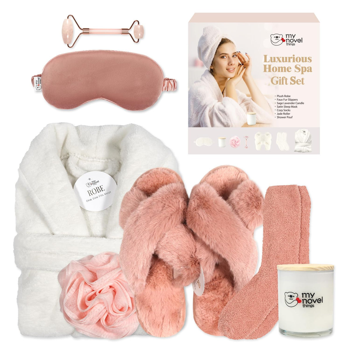 My Novel Things bathrobe and sleep mask provide cozy comfort for relaxing evenings.