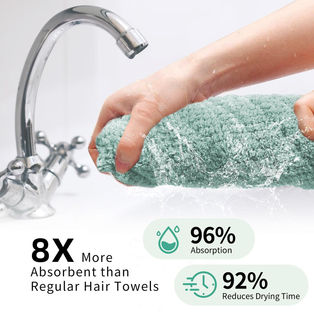 My Novel Things hair towel wrap green elastic strap keeping towel in place.