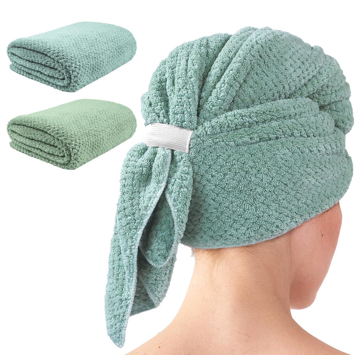 My Novel Things hair towel wrap green folded for compact storage and quick drying.