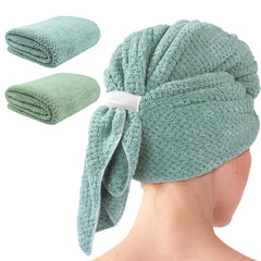 My Novel Things hair towel wrap green folded for compact storage and quick drying.