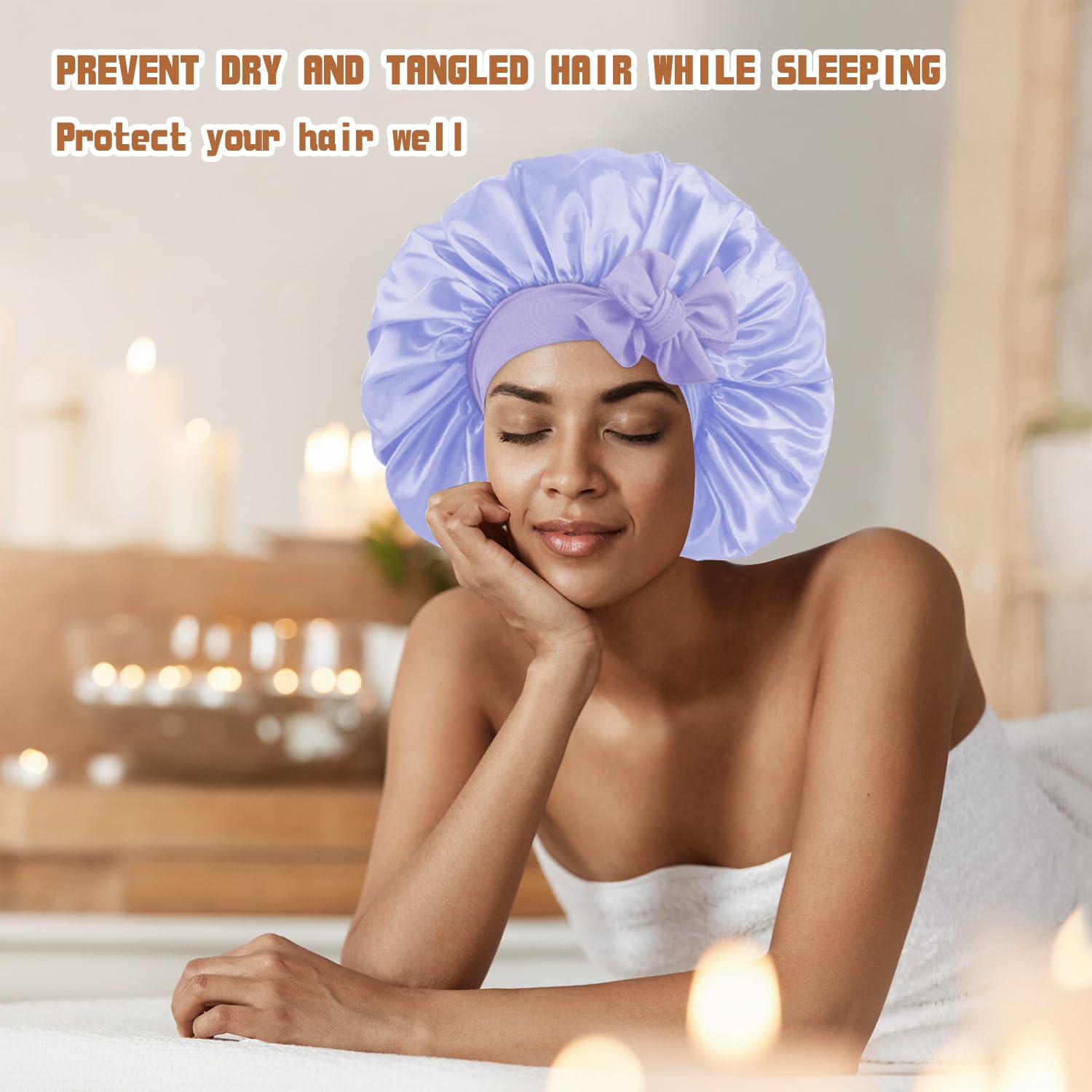 My Novel Things satin bonnet easy-clean feature demonstrated by hand-wash care closeup.