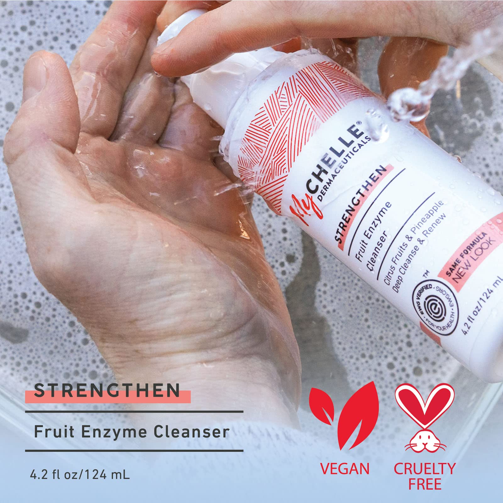 MyChelle Fruit Enzyme Cleanser foaming-lather demonstrates mild cleansing for refreshed pores.
