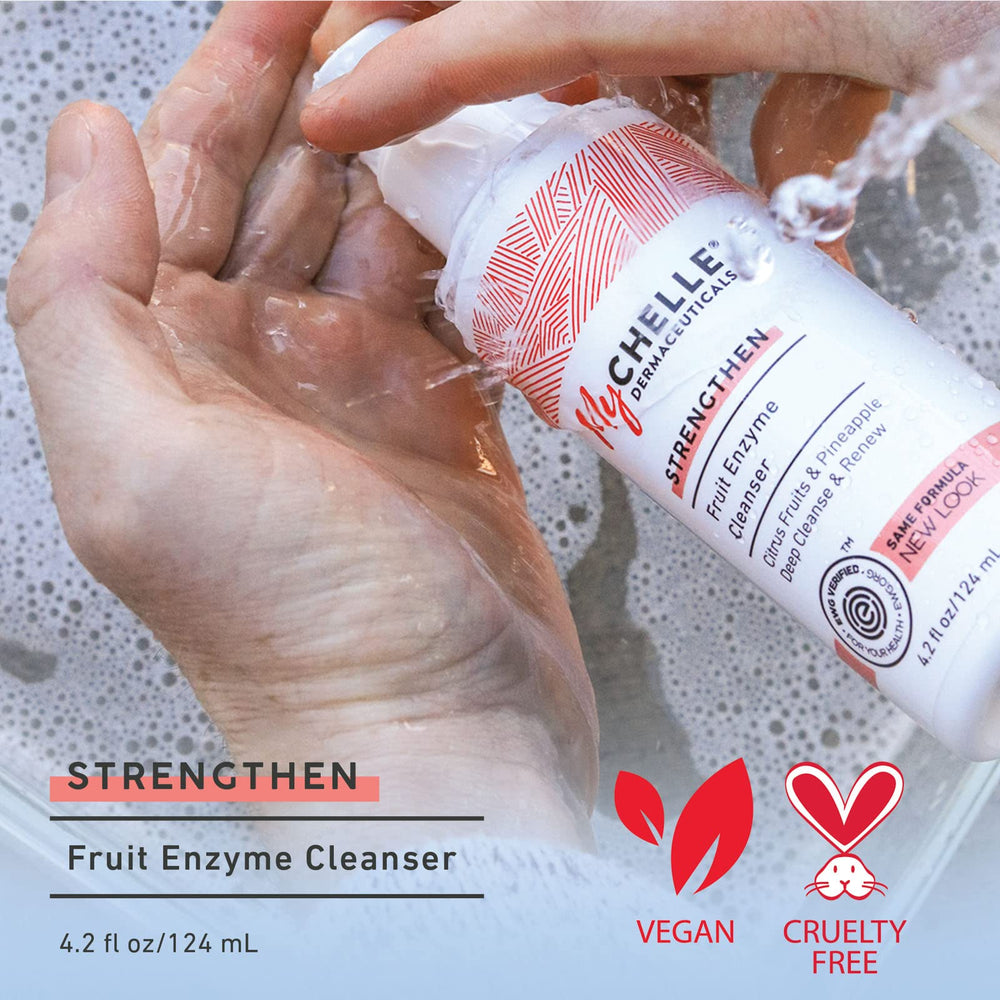 MyChelle Fruit Enzyme Cleanser foaming-lather demonstrates mild cleansing for refreshed pores.