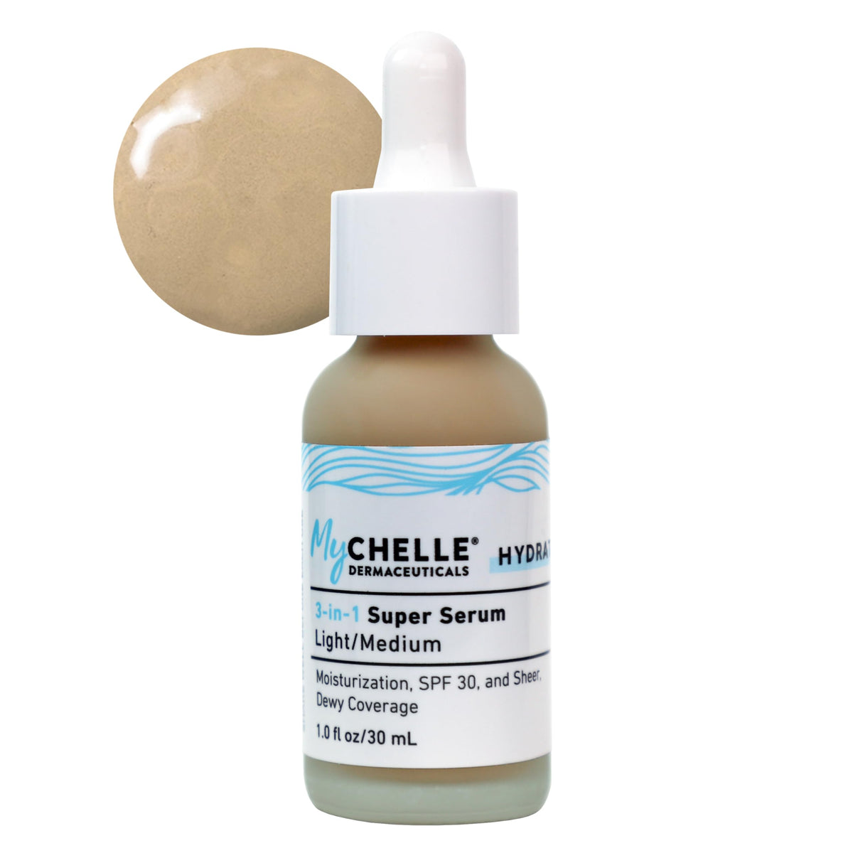 MyCHELLE Light/Medium 3-in-1 Serum bottle highlights weightless hydration with sheer tint for a radiant glow.