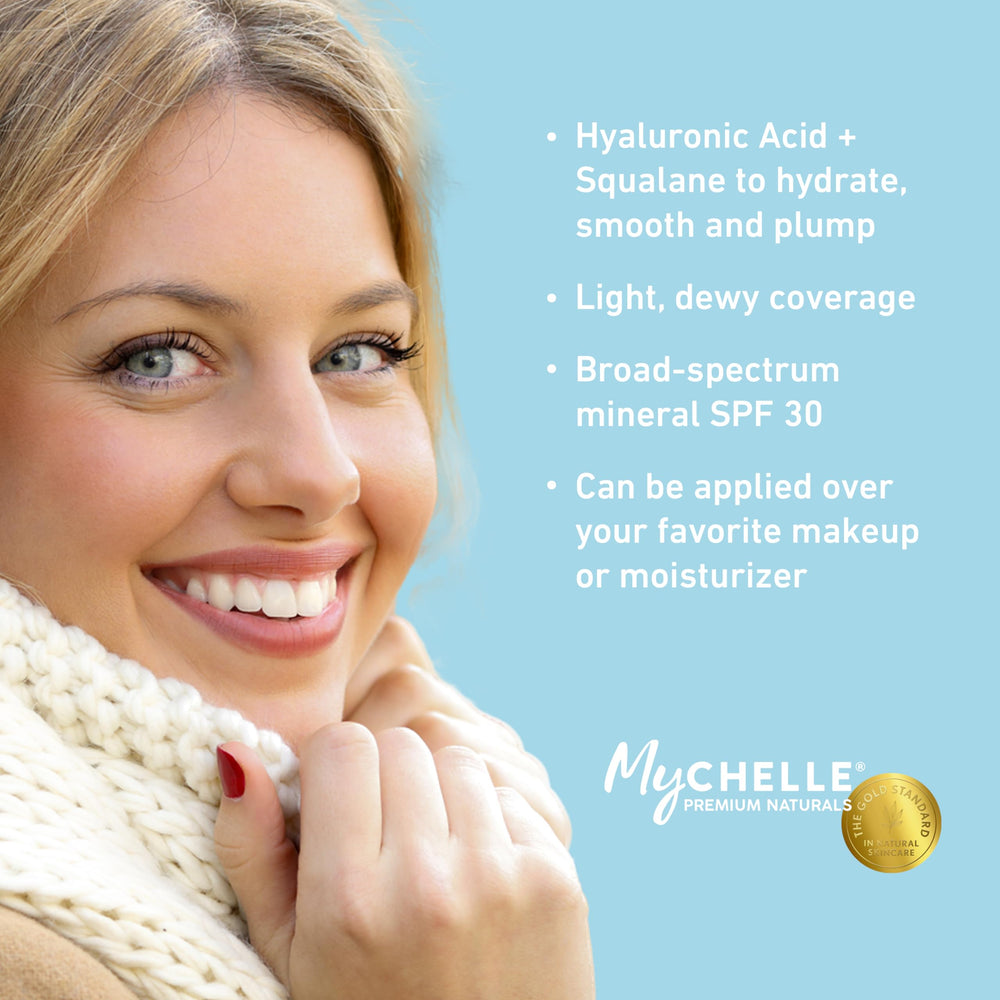MyCHELLE Light/Medium Hyaluronic Acid active image emphasizes plump hydration and smooth skin.