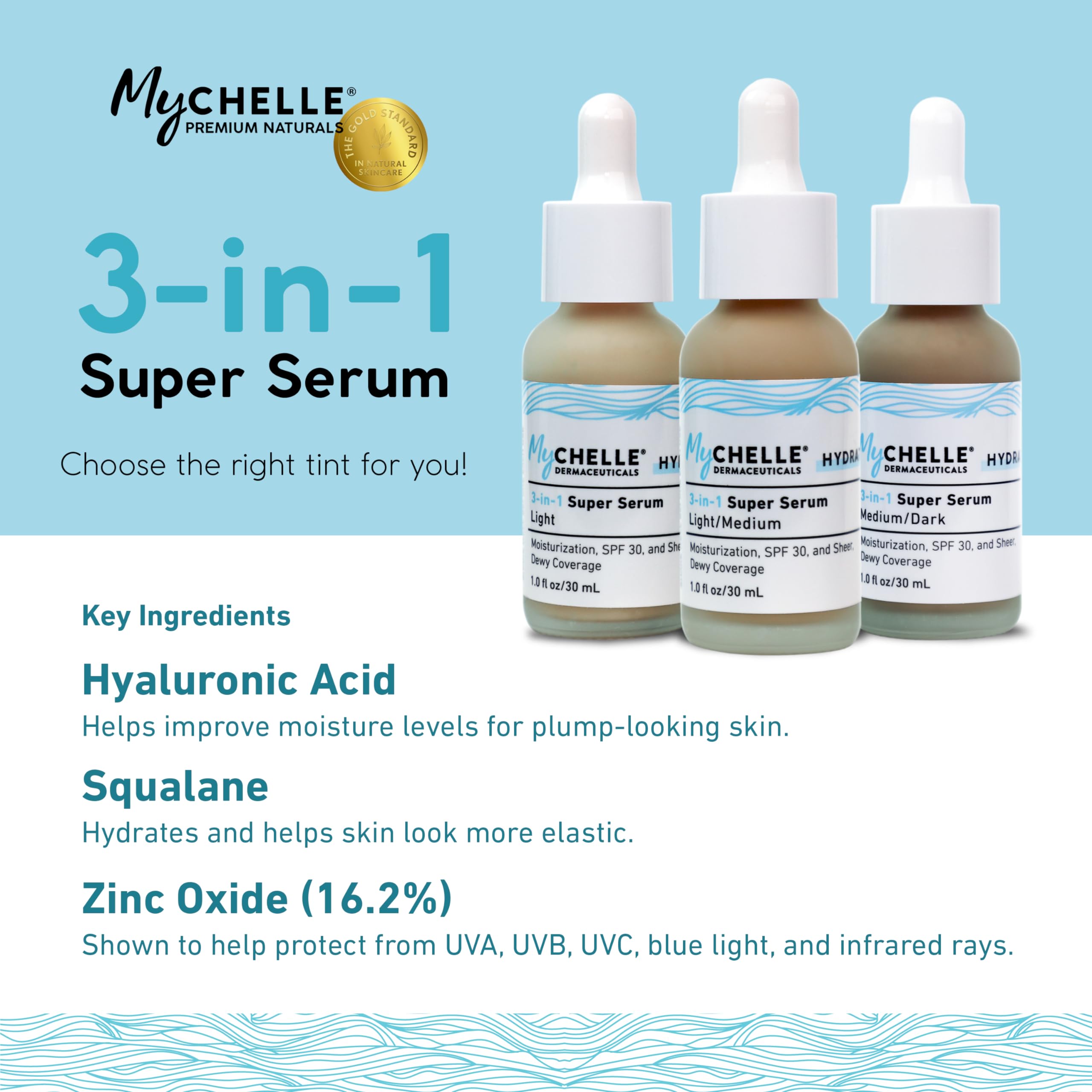 MyCHELLE Light/Medium mineral SPF finish image highlights sun-safe, light coverage.