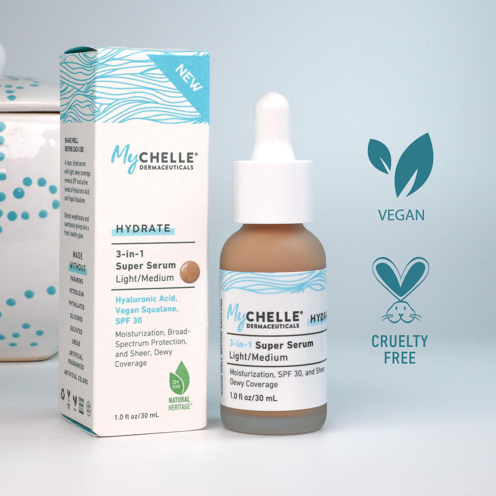 MyCHELLE Light/Medium tinted serum swirl shows dewy finish ideal for everyday radiance.
