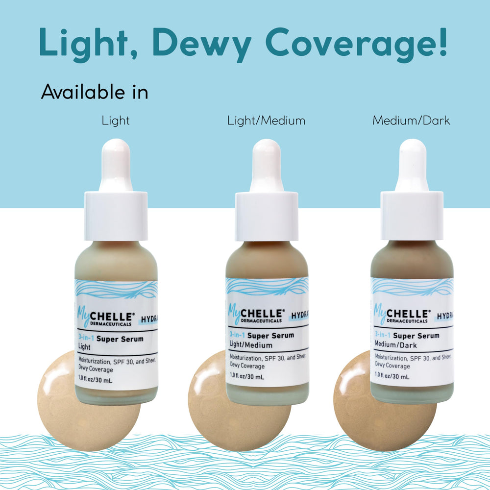 MyCHELLE Light/Medium vegan squalene boost image suggests nourished moisture without heaviness.