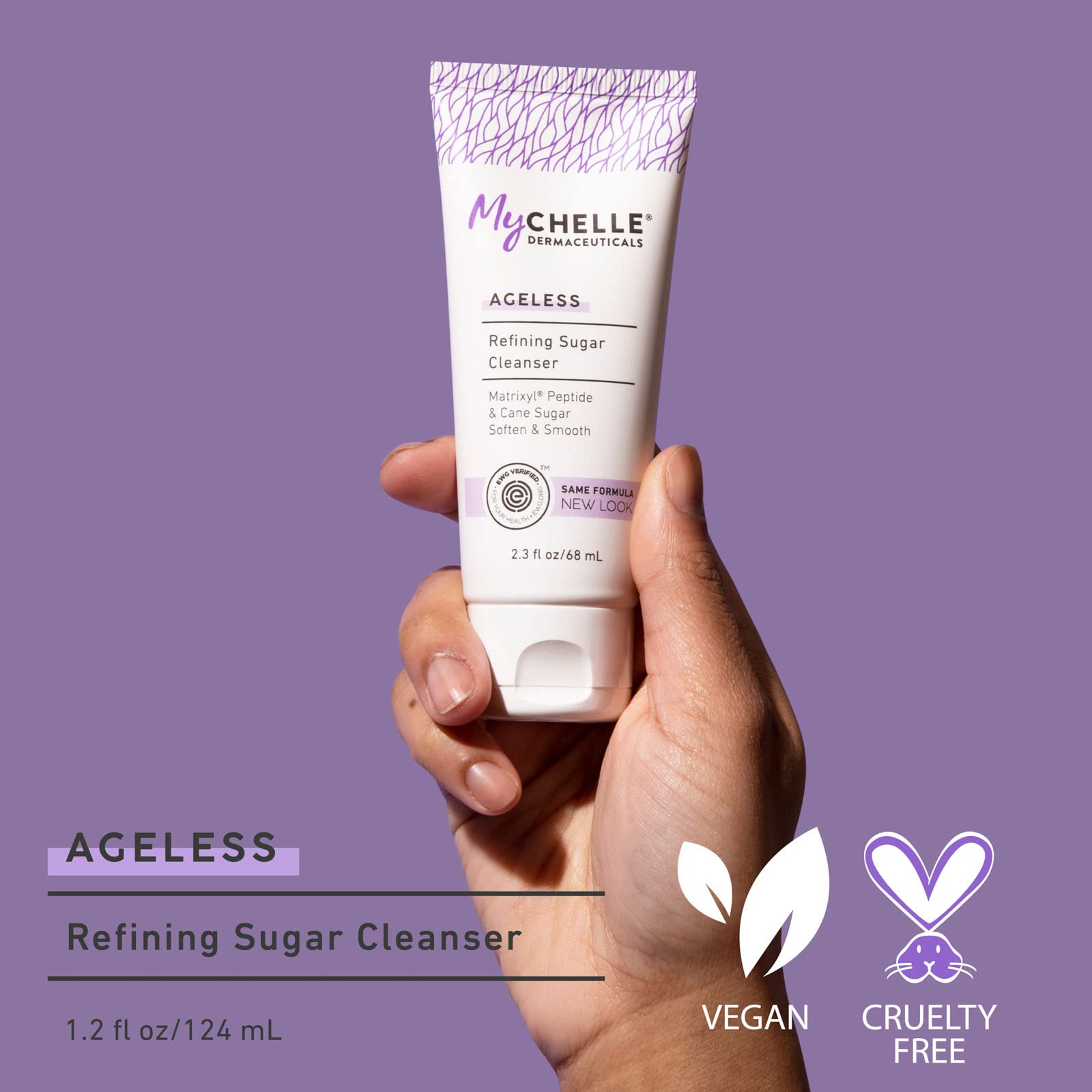 Sugar crystals from MyChelle cleanser illustrate natural exfoliation action.