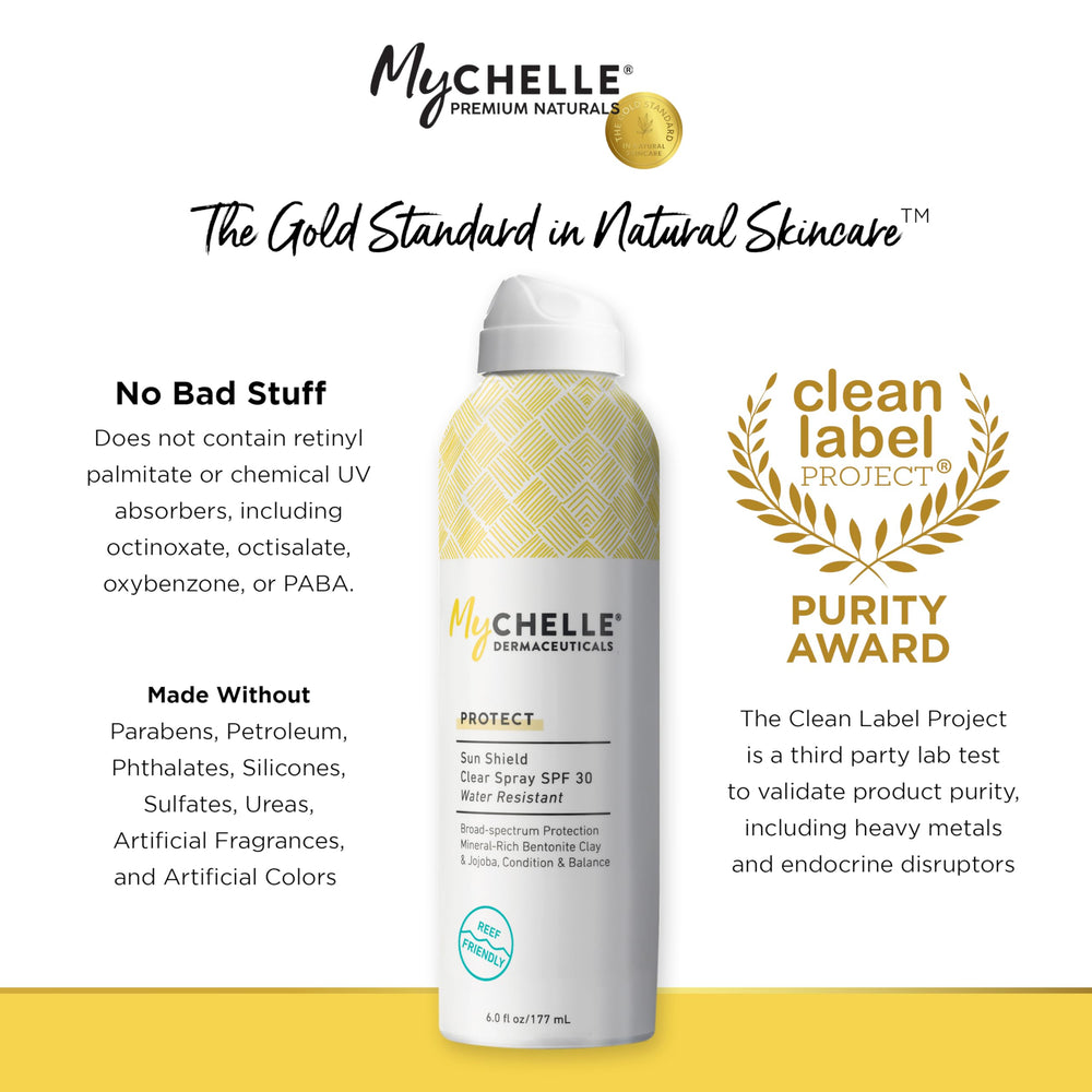 MyChelle Sun Shield Clear Spray with jojoba conditions skin while protecting.