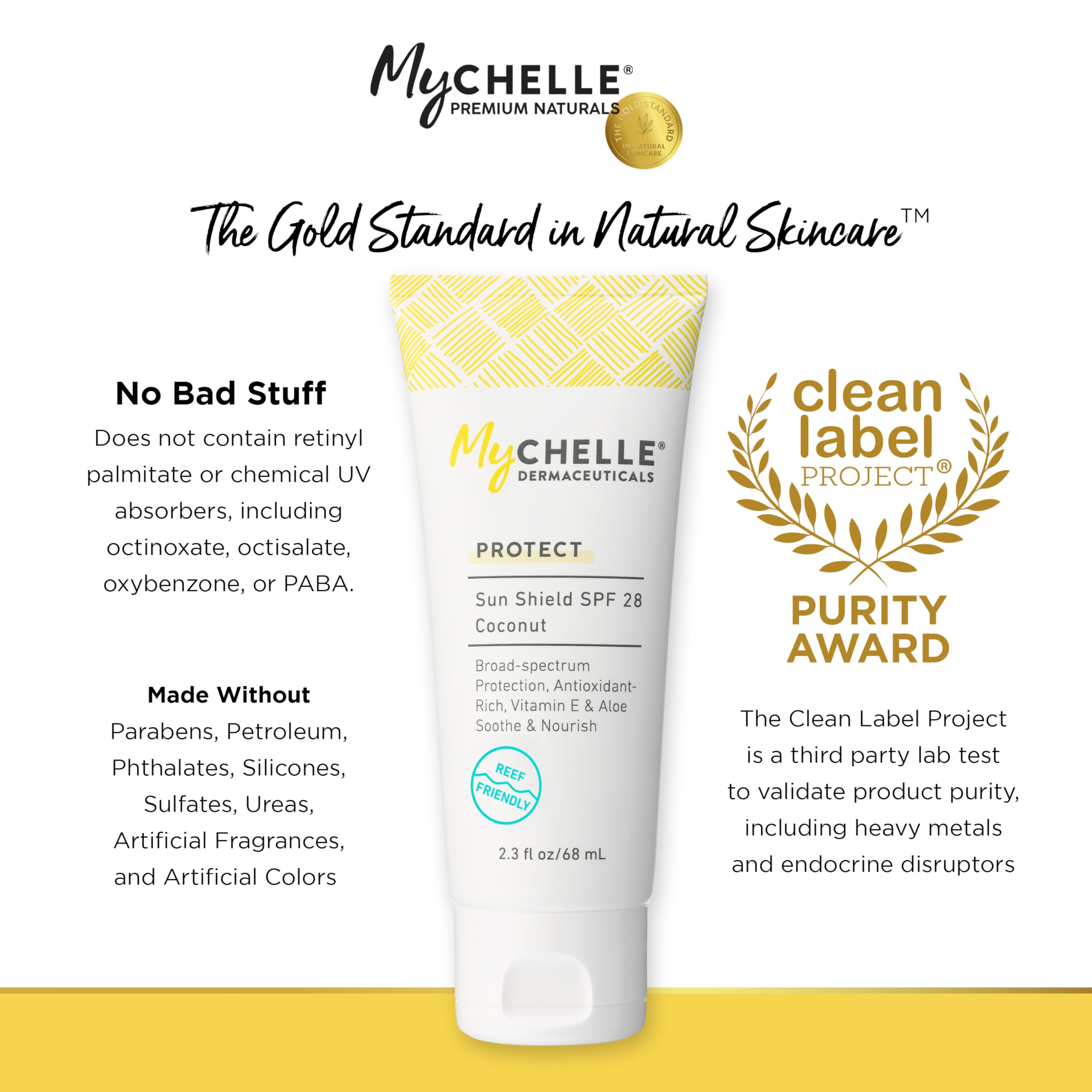 MyChelle Sun Shield Liquid SPF 30 cruelty-free and dermatologist-tested packaging claim.