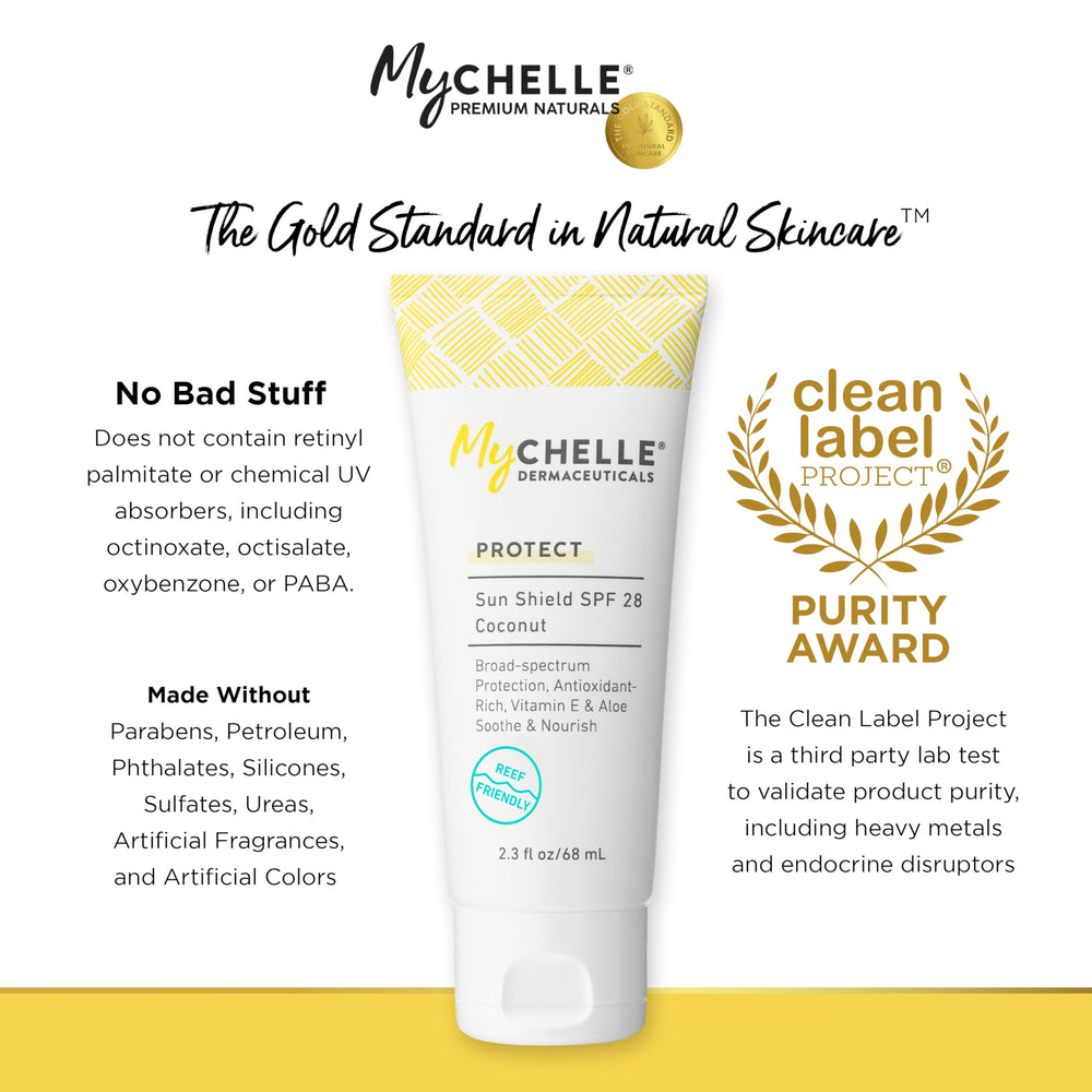 MyChelle Sun Shield Liquid SPF 30 cruelty-free and dermatologist-tested packaging claim.