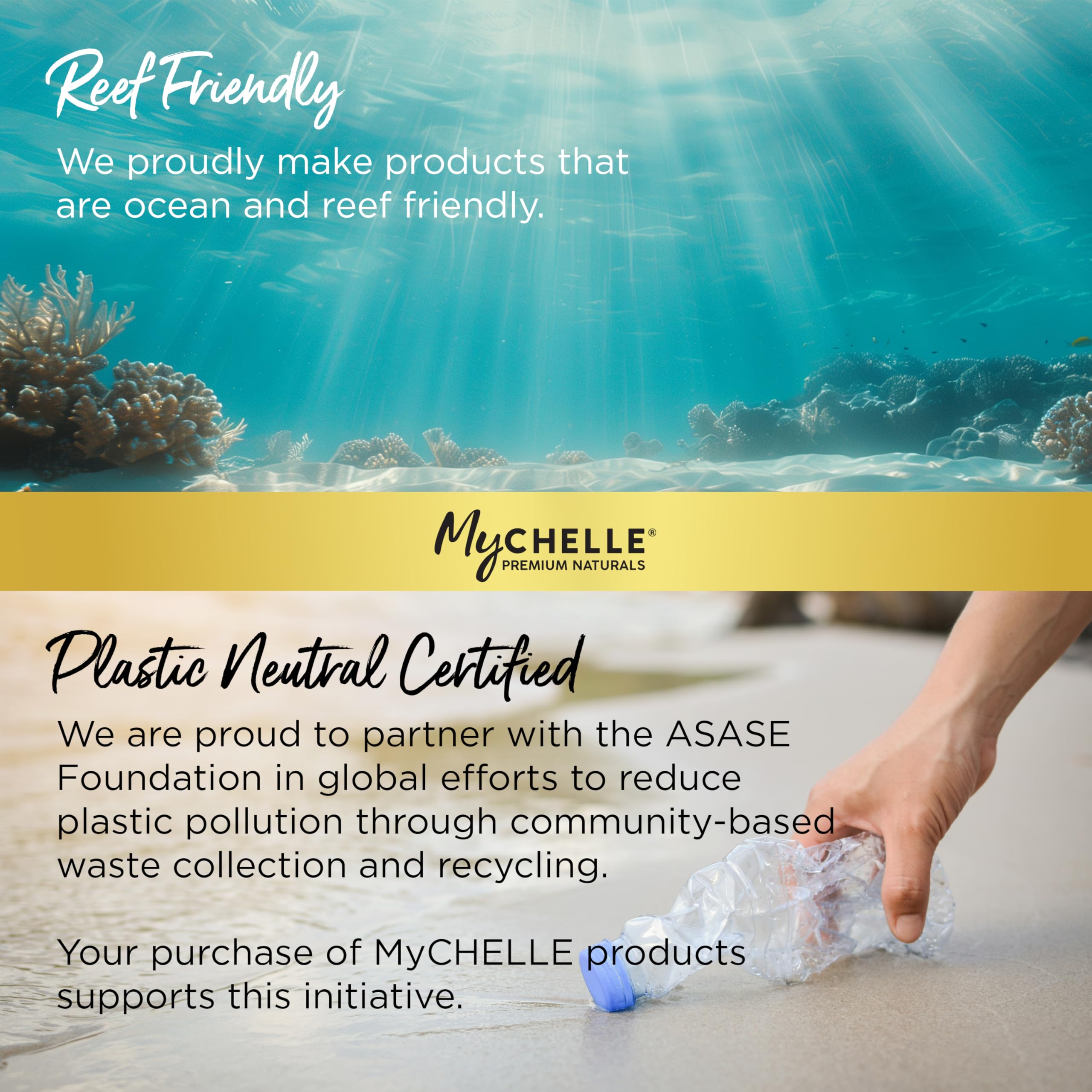 Display showing reef-safe logo and broad-spectrum protection from MyChelle Sun Shield Liquid SPF 30.