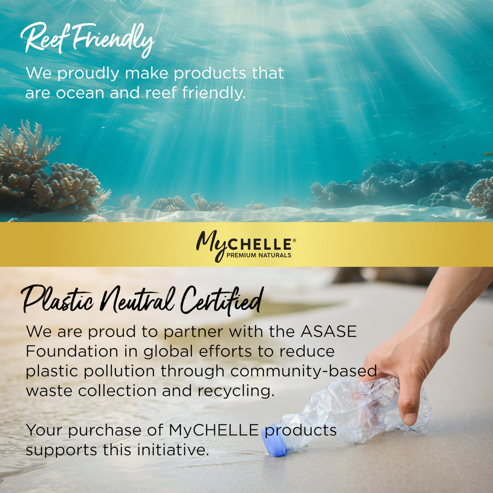 Display showing reef-safe logo and broad-spectrum protection from MyChelle Sun Shield Liquid SPF 30.