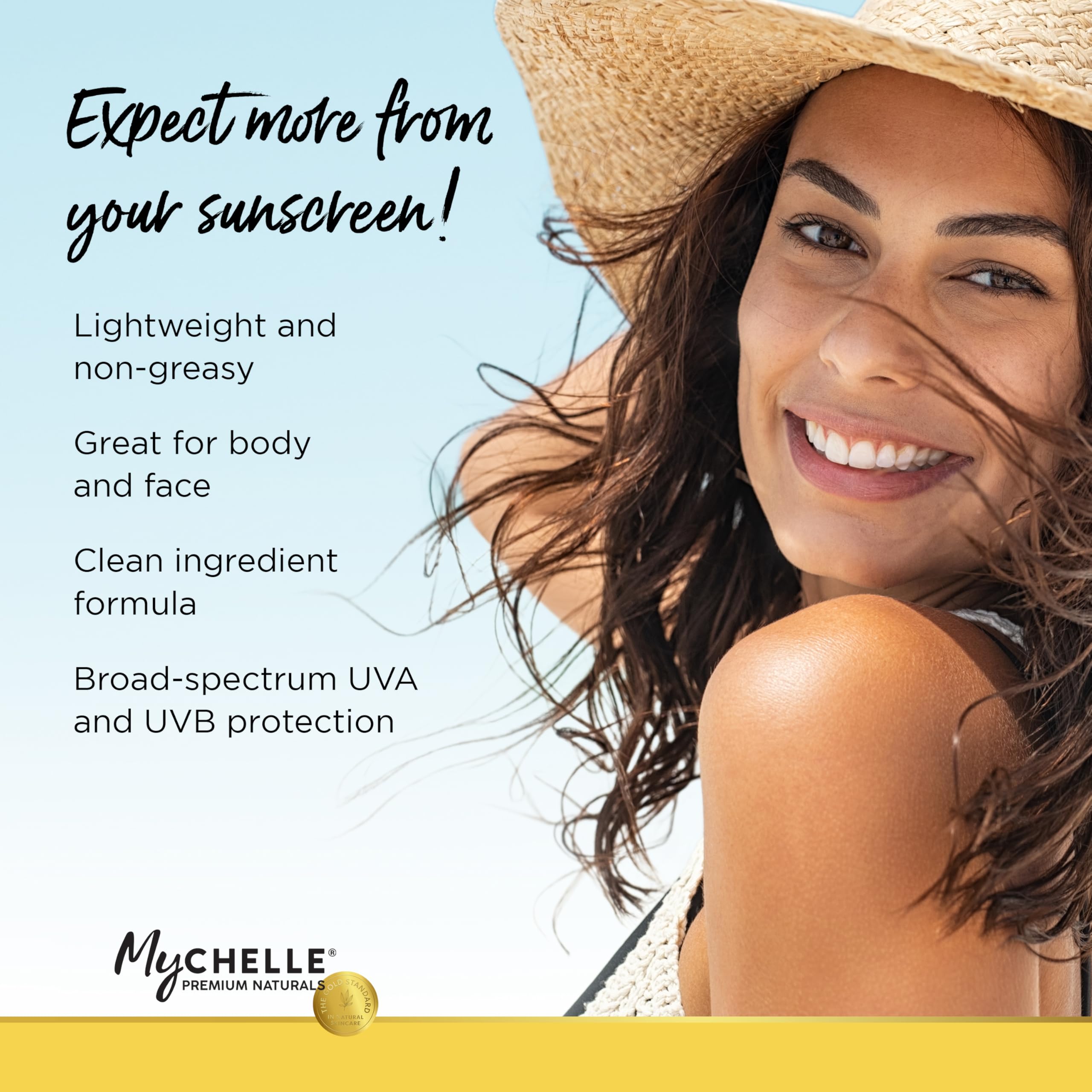 MyCHELLE Sun Shield Stick SPF 50 tinted face closeup for portable protection