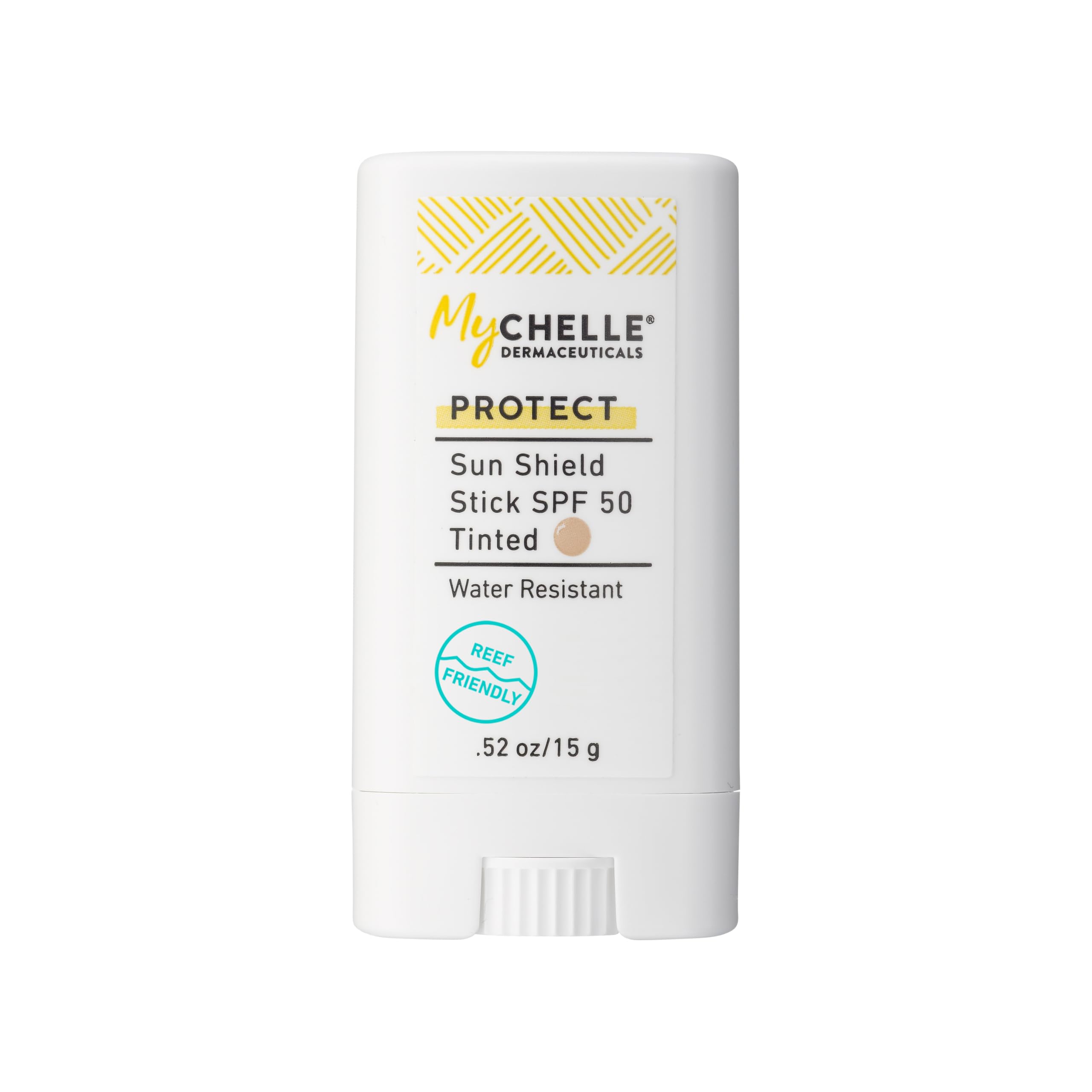 MyCHELLE Sun Shield Stick SPF 50 tinted on skin for natural UV protection and glow