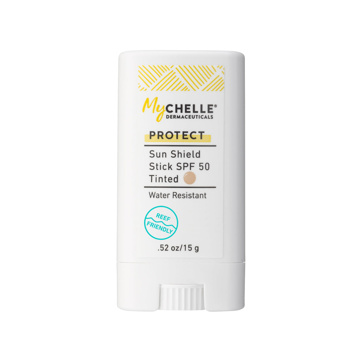 MyCHELLE Sun Shield Stick SPF 50 tinted on skin for natural UV protection and glow