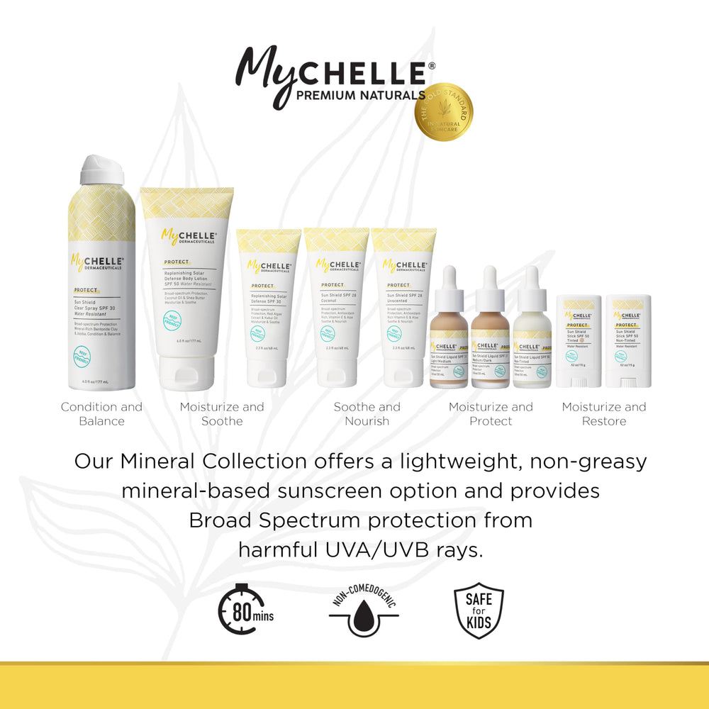 MyCHELLE Sun Shield Stick tinted packaging shows vegetarian, cruelty-free design and FSA/HSA eligibility