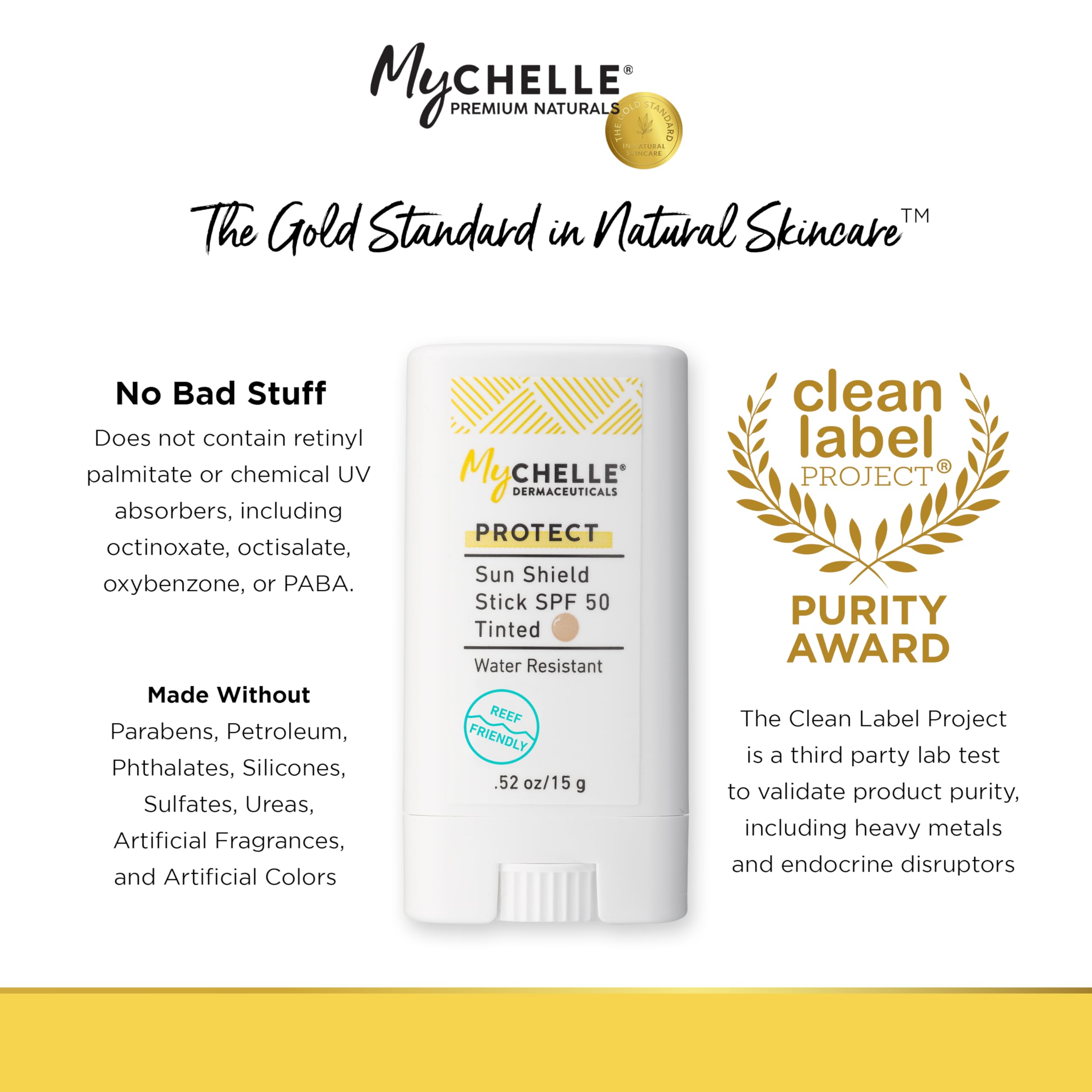 MyCHELLE Sun Shield Stick SPF 50 tinted waterproof action emphasizes sweat resistance outdoors
