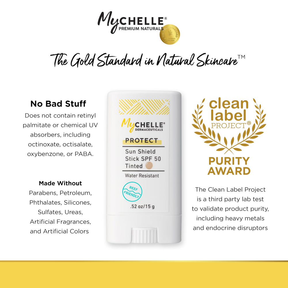 MyCHELLE Sun Shield Stick SPF 50 tinted waterproof action emphasizes sweat resistance outdoors