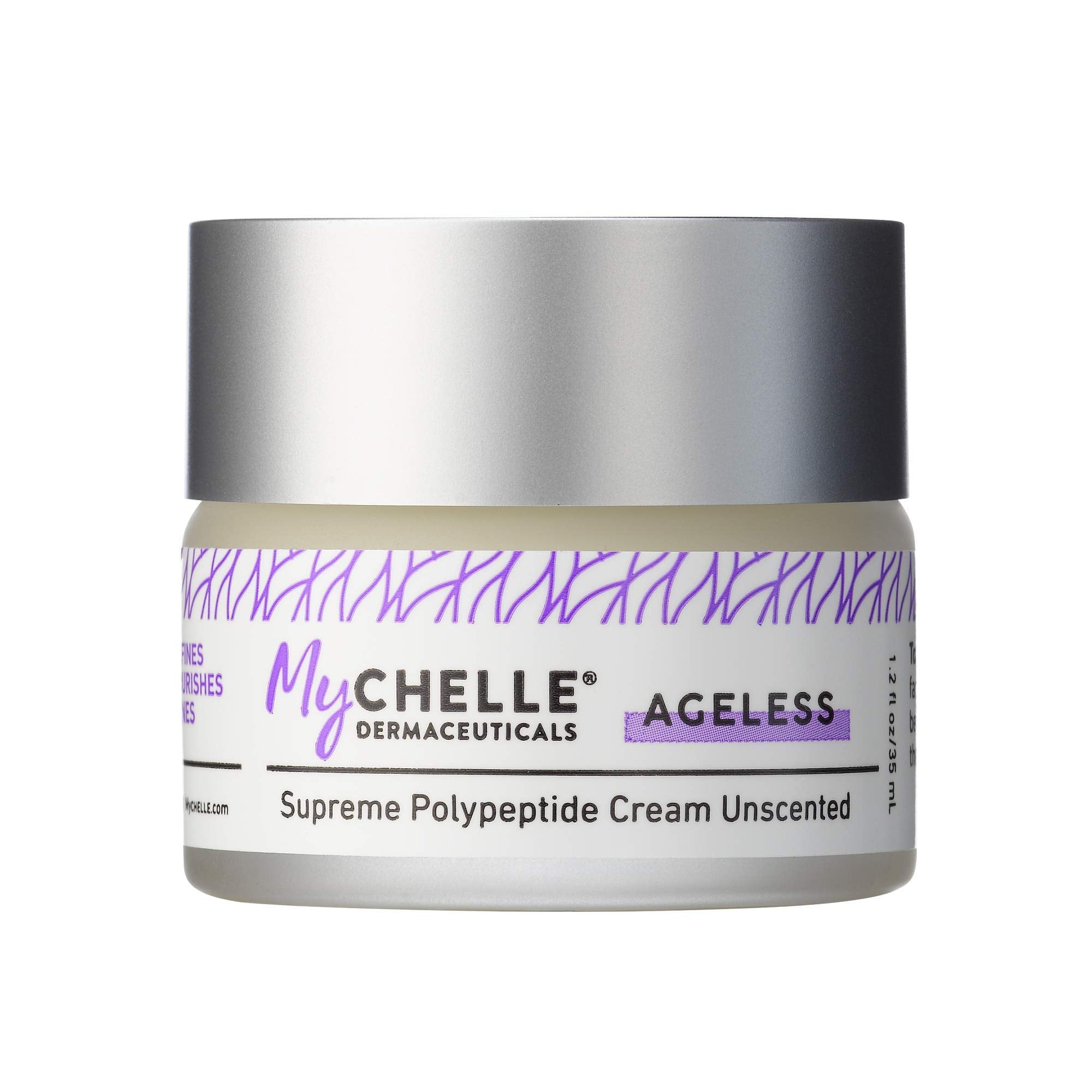 MyCHELLE Supreme Polypeptide Cream Unscented jar shows the peptide blend for age-defying care.