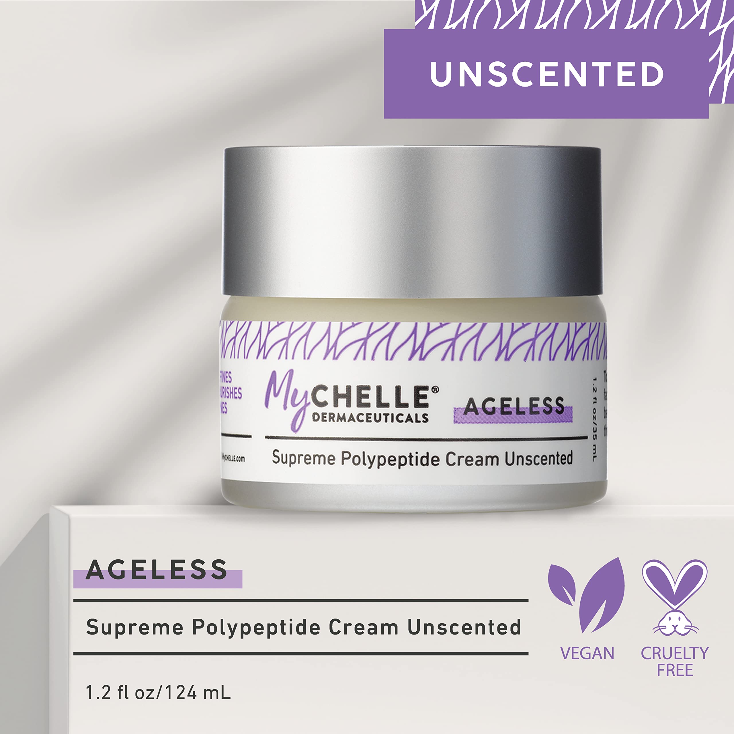 MyCHELLE Supreme Polypeptide Cream Unscented label highlights vegan cruelty-free dermatologist-tested credentials.