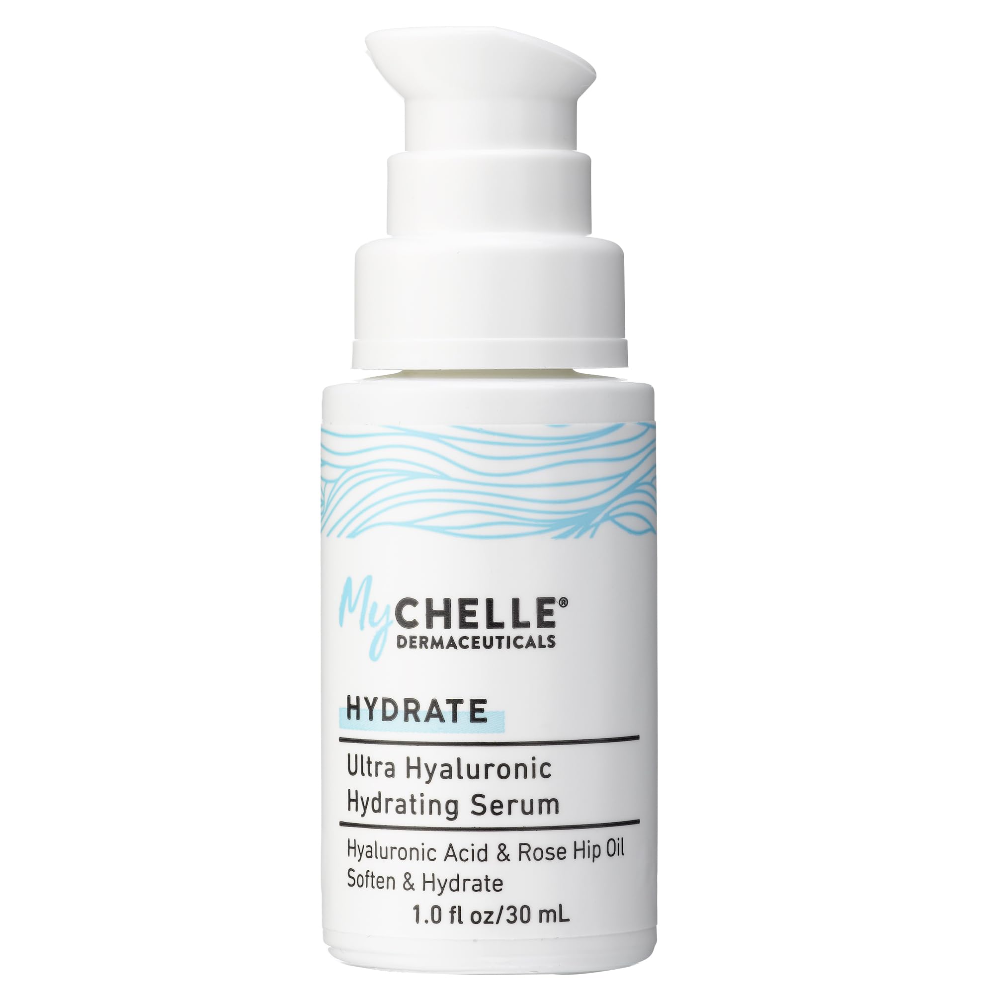 MyCHELLE Ultra Hyaluronic Serum bottle delivering hydration for smooth skin.
