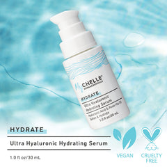 MyCHELLE Ultra Hyaluronic Serum dropper releasing lightweight hydration for daily use.