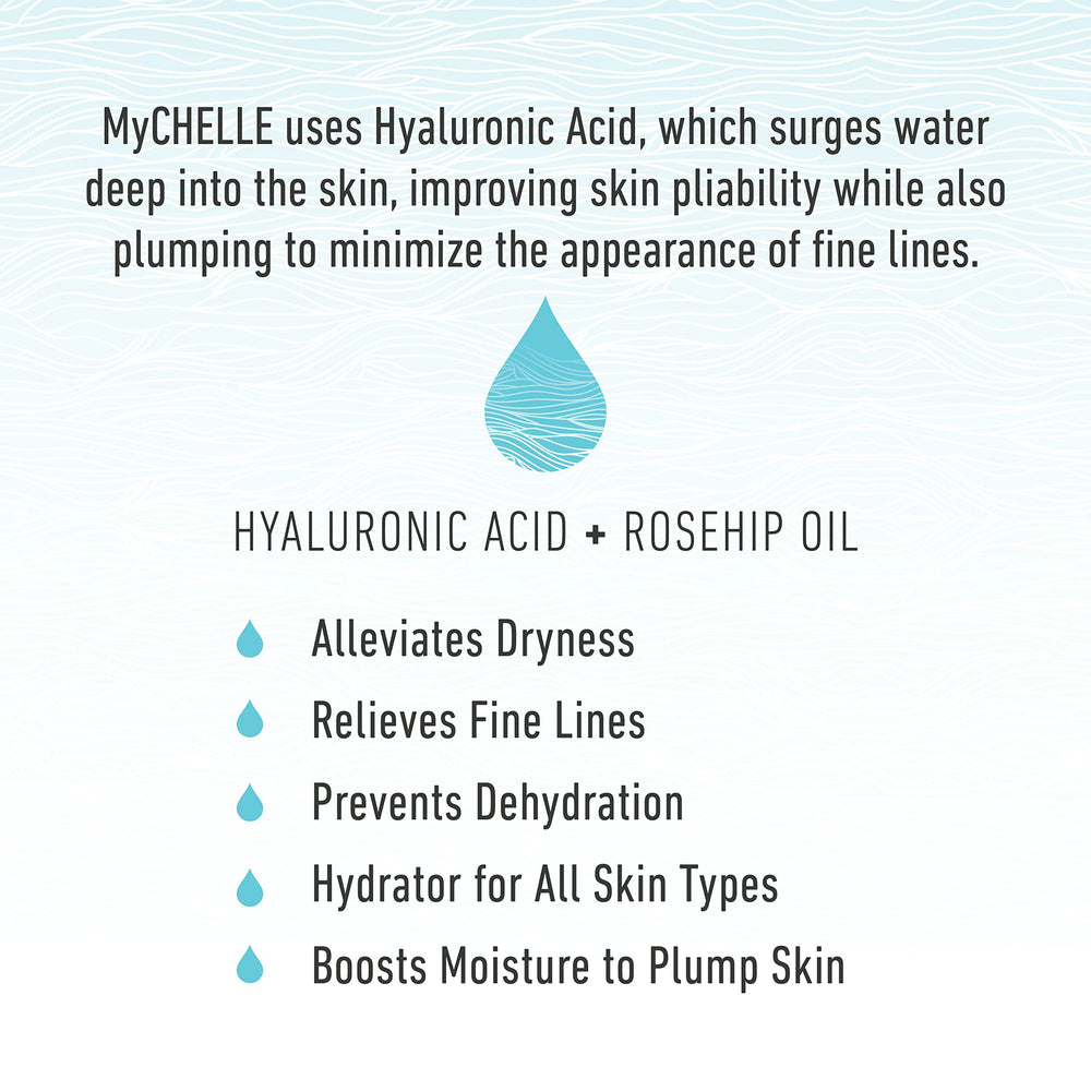 MyCHELLE Ultra Hyaluronic Serum with rose hip oil nourishes and conditions the skin.