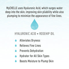MyCHELLE Ultra Hyaluronic Serum with rose hip oil nourishes and conditions the skin.