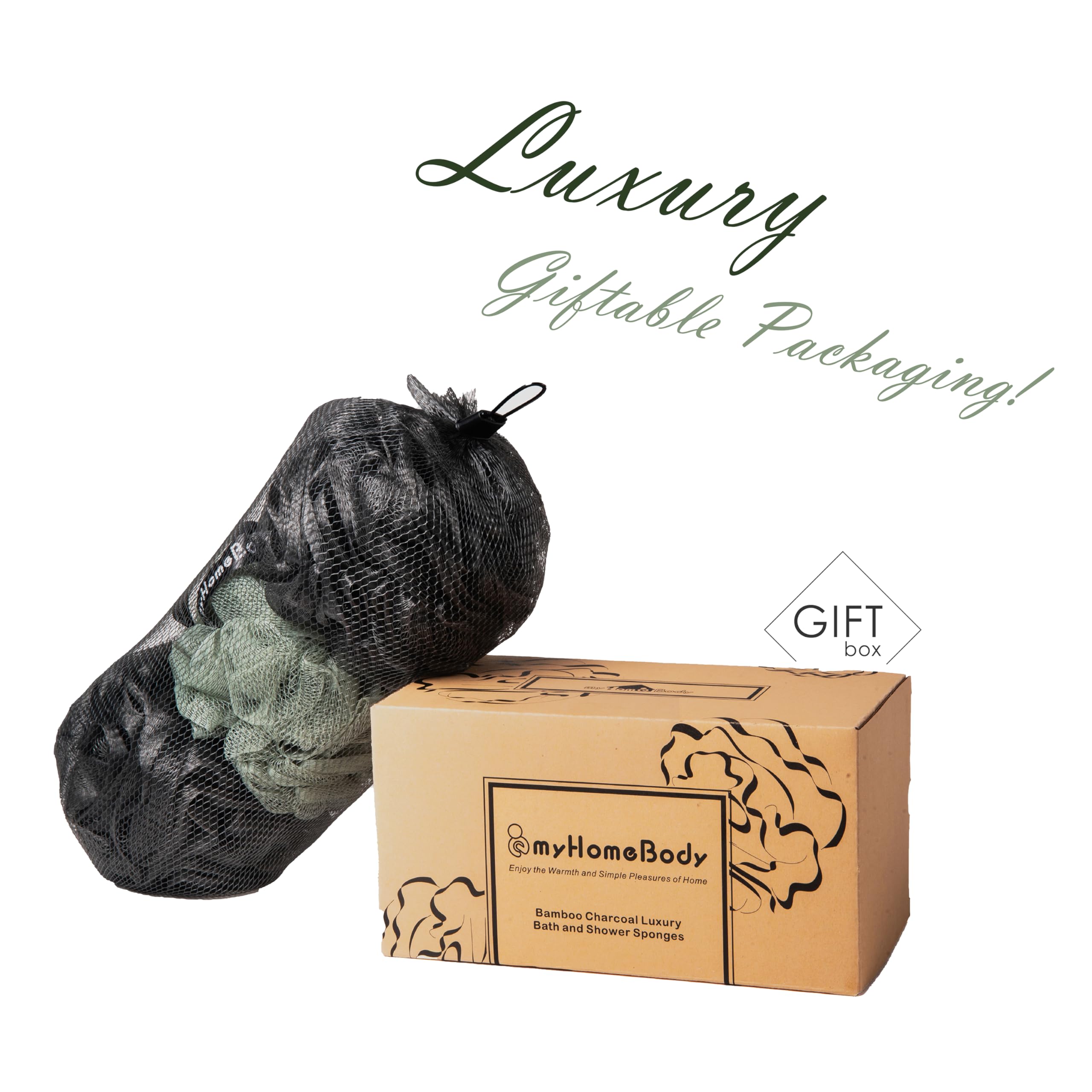 myHomeBody bathroom setup with graphite gray and sage green loofahs in-use