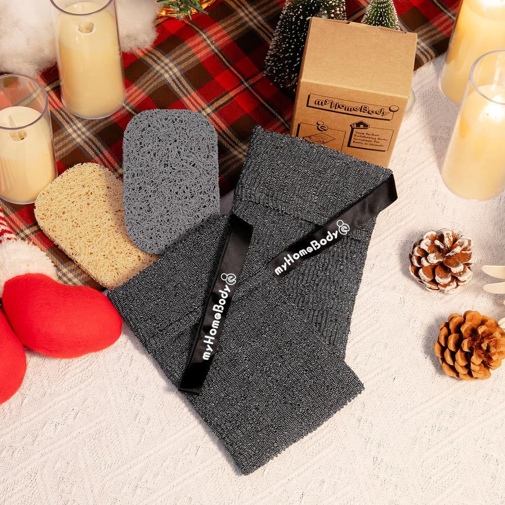 myHomeBody exfoliating pouch in shower use for foot scrubs and smoother skin.