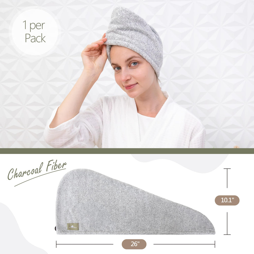 MyHomeBody hair towel wrap closeup charcoal fiber highlights soft, absorbent texture