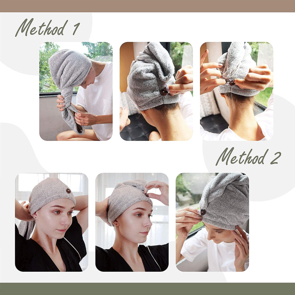 MyHomeBody hair towel wrap coconut-button detail emphasizes premium, secure fastening