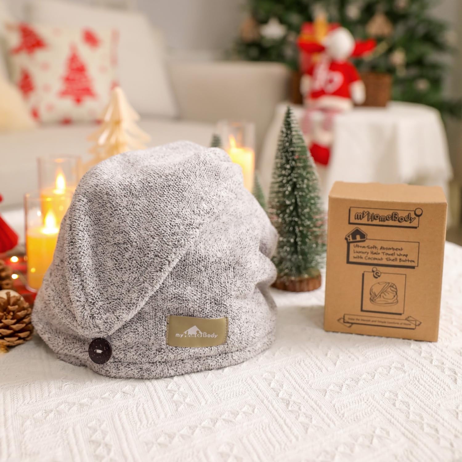 MyHomeBody hair towel wrap wrapped on head demonstrates secure, gentle hair drying