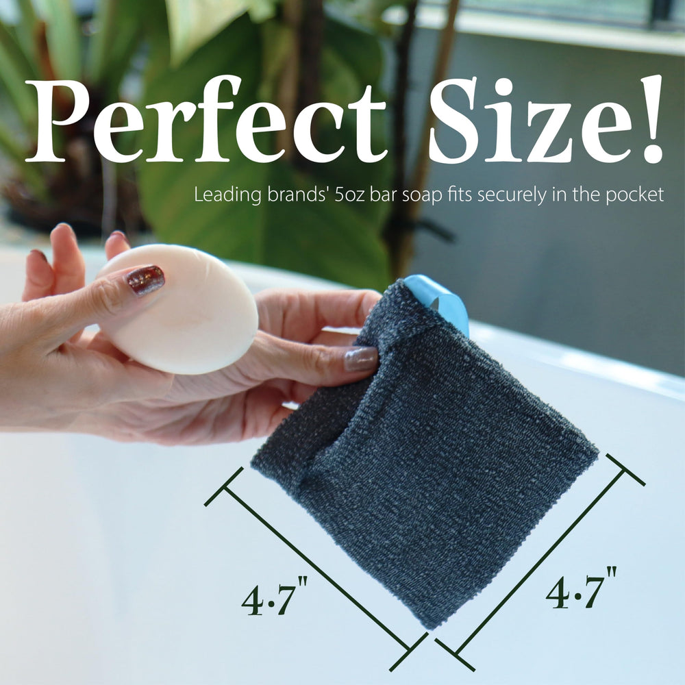 myHomeBody Soap Pocket Squares body scrubber in shower illustrates effective exfoliation.