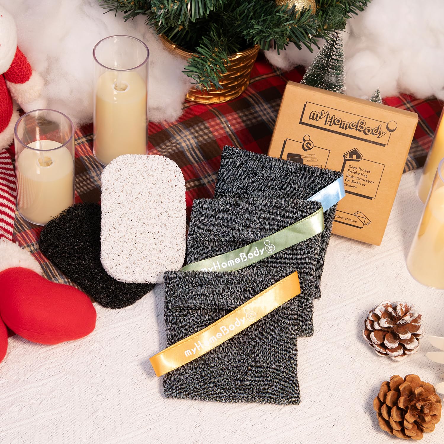 myHomeBody Soap Pocket Squares exfoliating pouch closeup reveals a durable nylon surface.