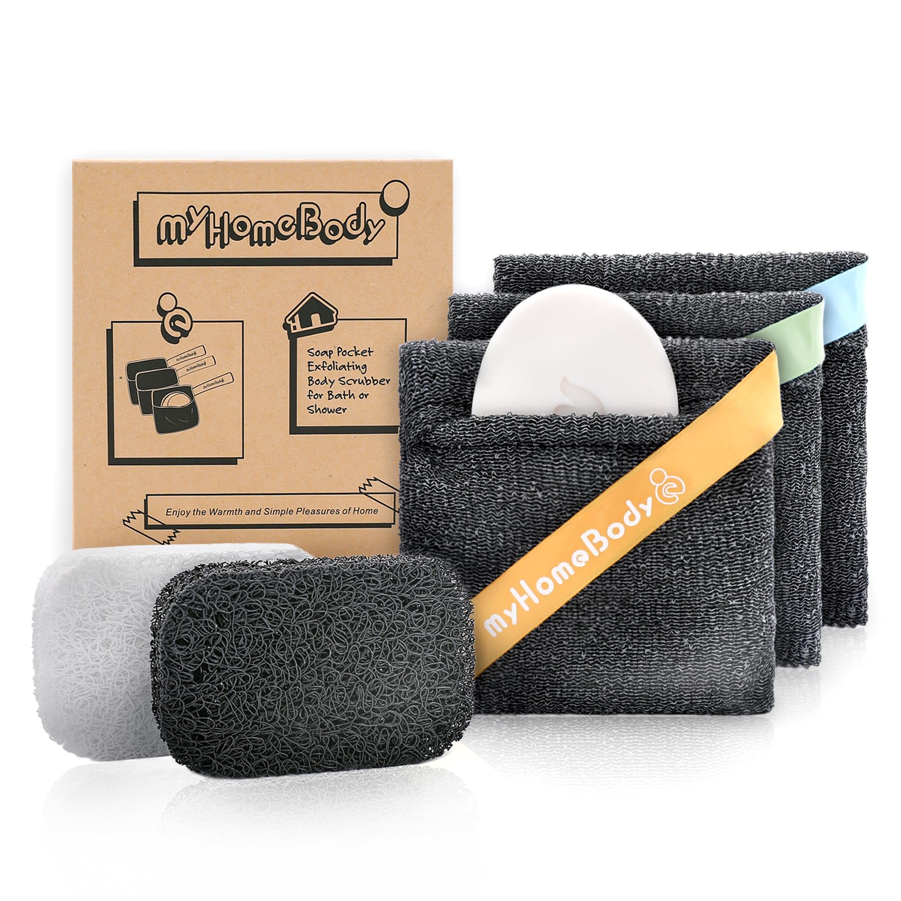 myHomeBody Soap Pocket Squares graphite gray packaging offers compact exfoliation for daily cleansing.