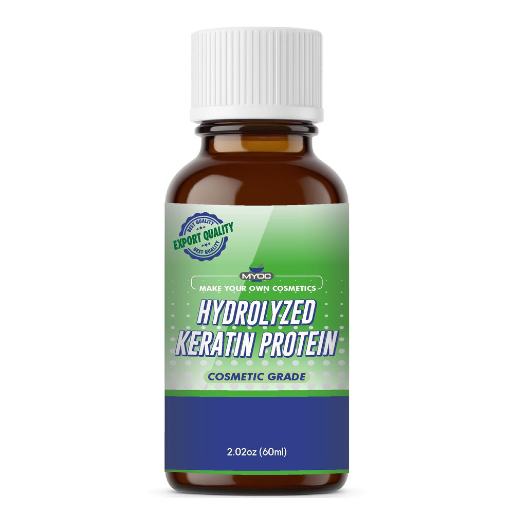 MYOC hydrolyzed keratin liquid bottle closeup, supports hair strength and resilience.