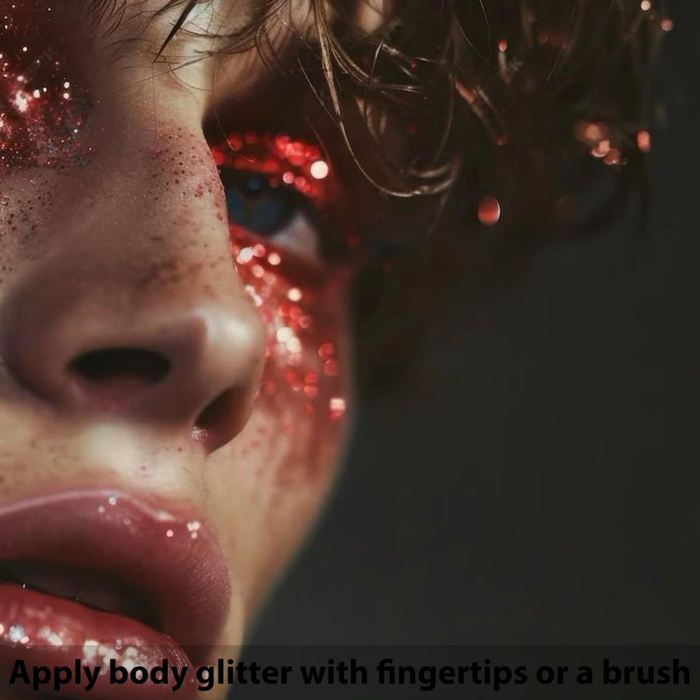 Mysense Red Glitter Stick applied to face for sparkling makeup.