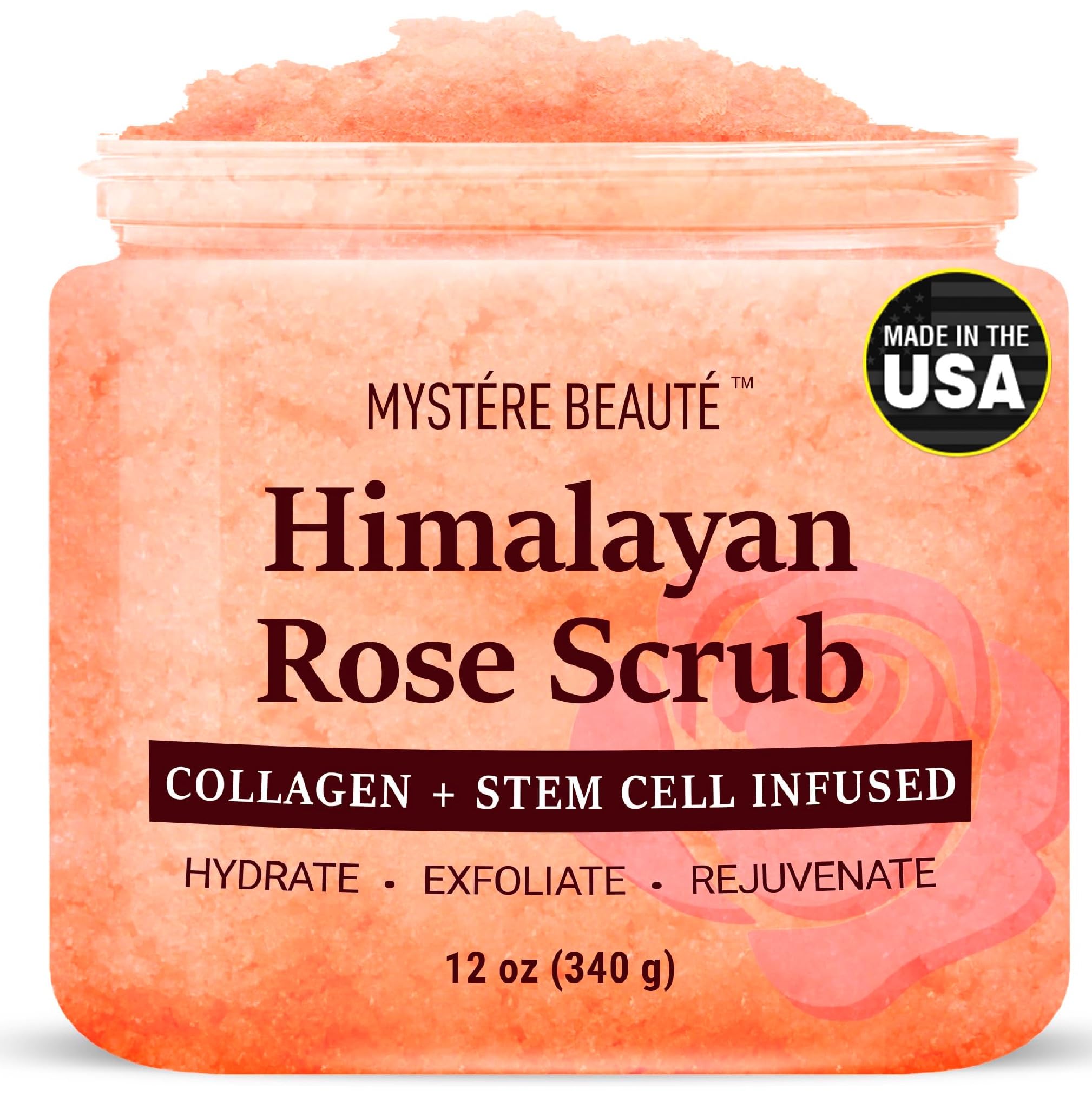 MYSTÉRE BEAUTÉ Himalayan salt scrub jar closeup for gentle exfoliation and smoother skin.