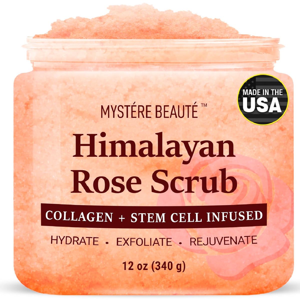 MYSTÉRE BEAUTÉ Himalayan salt scrub jar closeup for gentle exfoliation and smoother skin.