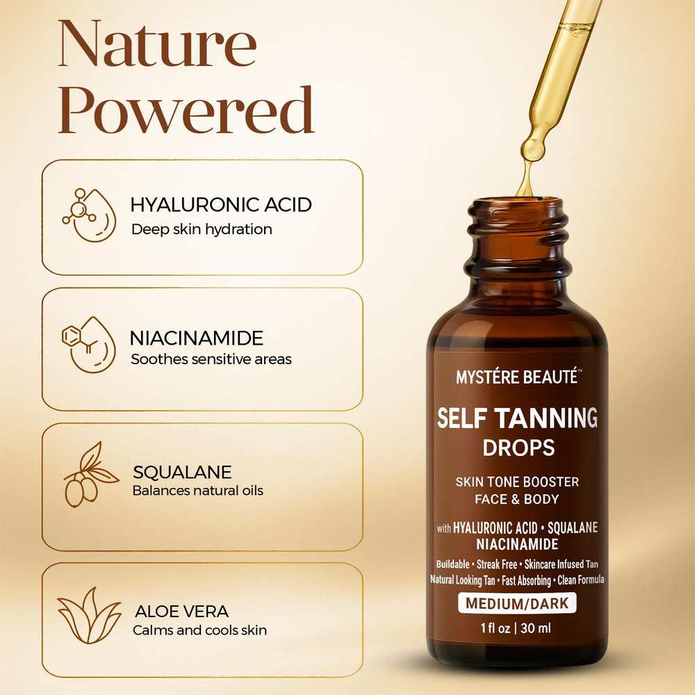MYSTÉRE BEAUTÉ Self-Tanning Drops body application demonstrates even color.