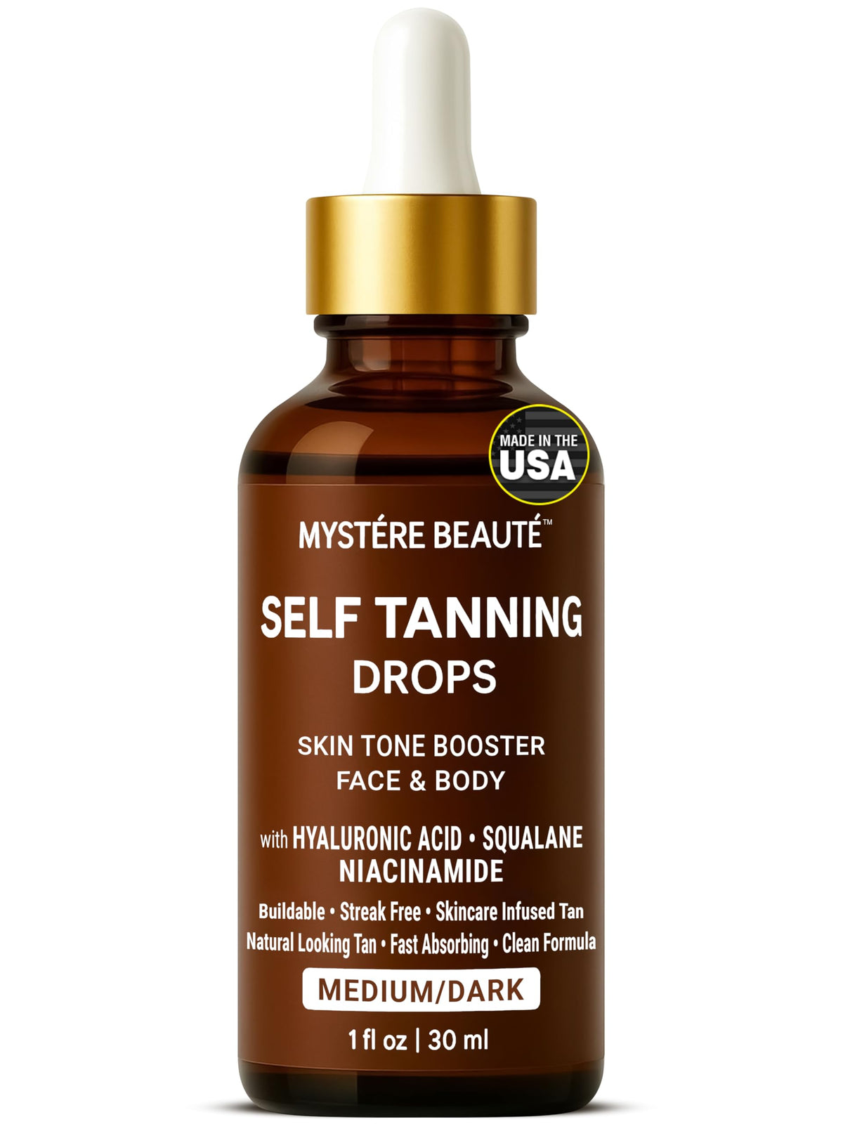 MYSTÉRE BEAUTÉ Hydrating Self-Tanning Drops bottle for a buildable glow.