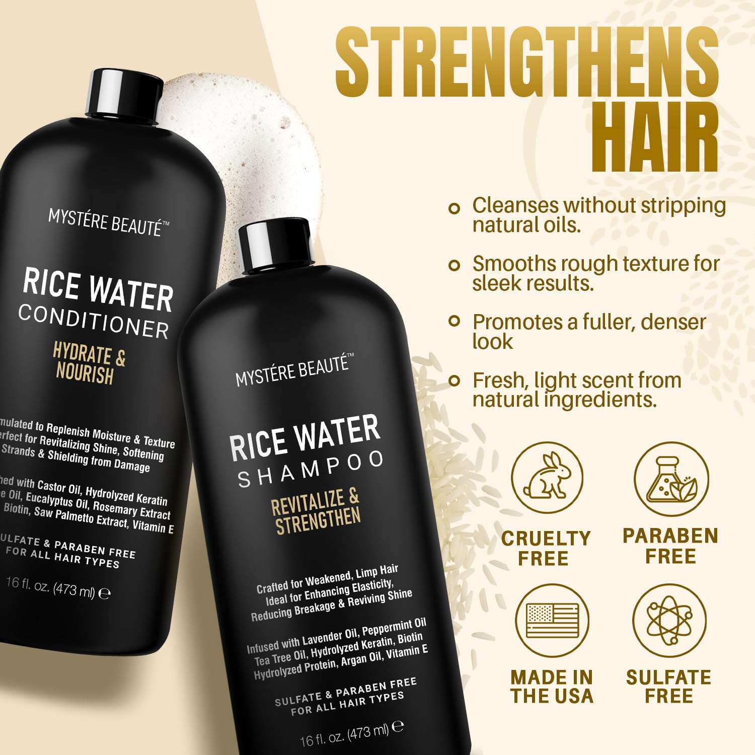 MYSTÉRE BEAUTÉ Rice Water Conditioner label—deep conditioning notes for smoother, silkier hair.