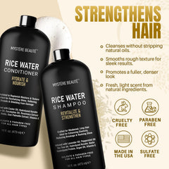 MYSTÉRE BEAUTÉ Rice Water Conditioner label—deep conditioning notes for smoother, silkier hair.