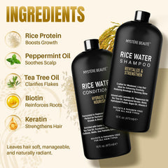 MYSTÉRE BEAUTÉ Rice Water Shampoo label—ingredient-rich styling support for strength and shine.
